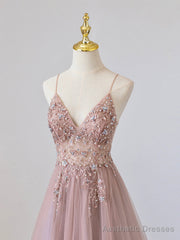 Pink V-Neck Tulle Long Prom Dress with Beaded, Pink Spaghetti Strap Evening Dress