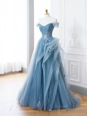 Blue Tulle Lace Long Formal Dress, A-Line Blue Evening Prom Dress