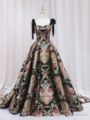 Black Floral Floor Length Prom Dress, A-Line Black Evening Dress