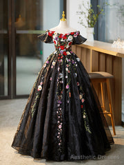 Black Tulle Long Prom Dress with Lace Flowers, Beautiful Off Shoulder Evening Gown