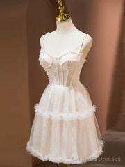 Champagne Spaghetti Strap Party Dress, Cute A-Line Evening Dress with Pearls