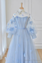 Blue Tulle Long Sleeve Prom Dresses, Cute A-Line Evening Dresses with Applique