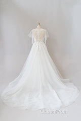 Long A-line Appliques Lace Tulle Wedding Dresses with Sleeves