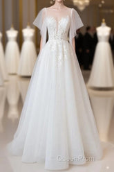 Long A-line Appliques Lace Tulle Wedding Dresses with Sleeves