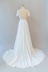 Long A-line Chiffon Backless Wedding Dresses with Sleeves