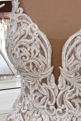 Long A-Line Sequin Tulle Spaghetti Straps Appliques Lace Wedding Dresses