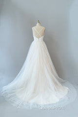 Long A-line Spaghetti Strap Lace Tulle Backless Wedding Dresses