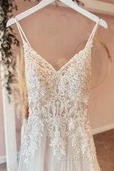 Long A-Line Spaghetti Straps Sweetheart Appliques Lace Tulle Wedding Dresses