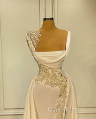 Long A-Line Square Neckline Satin Ivory Evening Prom Dresses With Slit