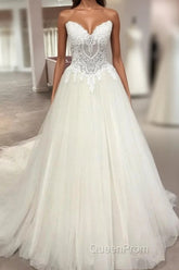Long A-Line Sweetheart Backless Tulle Appliques Lace Wedding Dresses