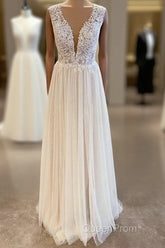 Long A-Line Sweetheart Tulle Backless Wedding Dresses With Floral Lace