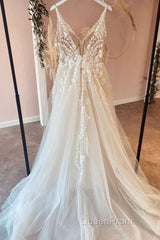 Long A-Line Tulle Appliques Lace Spaghetti Straps V-neck Backless Wedding Dresses