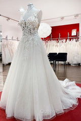 Long A-line Tulle Sleevless Ruffles Jewel Wedding Dresses With Lace Appliques
