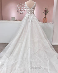 Long A-line V-neck Appliques Lace Backless Tulle Ruffles Wedding Dresses