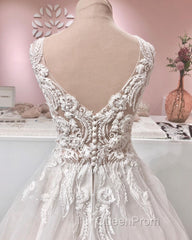 Long A-line V-neck Appliques Lace Backless Tulle Ruffles Wedding Dresses