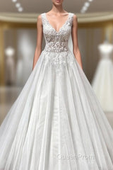 Long A-line V-neck Appliques Lace Backless Tulle Ruffles Wedding Dresses