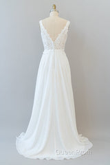 Long A-line V-neck Appliques Lace Chiffon Wedding Dresses