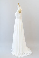 Long A-line V-neck Appliques Lace Chiffon Wedding Dresses