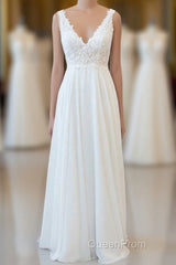 Long A-line V-neck Appliques Lace Chiffon Wedding Dresses