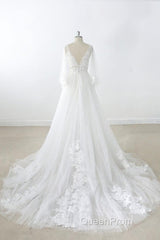 Long A-line V-neck Appliques Lace Tulle Backless Wedding Dresses with Sleeves