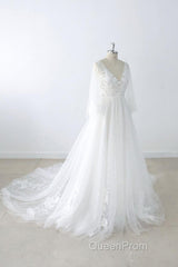 Long A-line V-neck Appliques Lace Tulle Backless Wedding Dresses with Sleeves