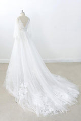 Long A-line V-neck Appliques Lace Tulle Backless Wedding Dresses with Sleeves