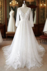 Long A-line V-neck Appliques Lace Tulle Backless Wedding Dresses with Sleeves