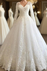 Long A-line V-neck Appliques Lace Tulle Wedding Dresses with Sleeves