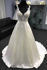 Long A-Line V Neck Halter Satin Wedding Dresses