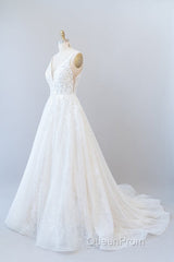 Long A-line V-neck Open Back Appliques Lace Tulle Wedding Dresses
