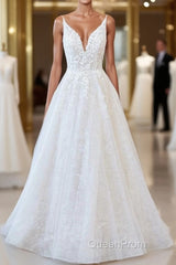 Long A-line V-neck Open Back Appliques Lace Tulle Wedding Dresses
