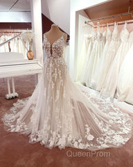 Long A-line V-neck Sleeveless Floral Lace Tulle Boho Wedding Dresses