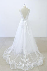 Long A-line V-neck Sweetheart Ruffle Applqiues Tulle Backless Wedding Dresses