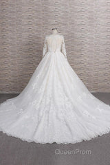Long A-line V-neck Tulle Appliques Lace Wedding Dresses with Sleeves