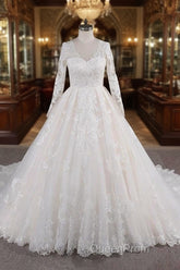 Long A-line V-neck Tulle Appliques Lace Wedding Dresses with Sleeves