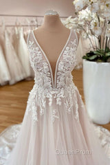 Long A-Line Wide Straps Tulle Floral Lace Wedding Dresses