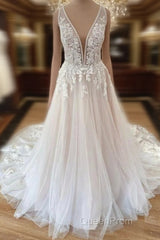 Long A-Line Wide Straps Tulle Floral Lace Wedding Dresses