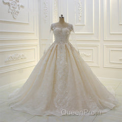 Long Ball Gown Beading Bateau Appliques Lace Wedding Dresses with Sleeves