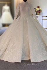Long Ball Gown High Neck Tulle Lace Wedding Dresses with Sleeves