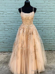 Long Champagne Lace Prom Dresses, Champagne Lace Formal Graduation Dresses