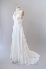Long Empire A-line V-neck Lace Chiffon Open Back Wedding Dresses