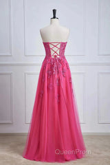 Long Fuchsia Evening Prom Dresses Strapless A-Line Floral Formal Wear Slit