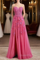 Long Fuchsia Evening Prom Dresses Strapless A-Line Floral Formal Wear Slit