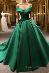 Long Green Satin V-neck Ball Gowns Evening Prom Dresses Off The Shoulder