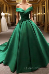 Long Green Satin V-neck Ball Gowns Evening Prom Dresses Off The Shoulder