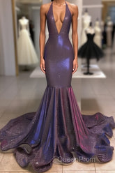 Long Mermaid Halter Sequins Formal Evening Prom Dresses
