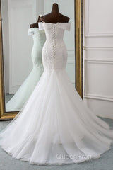 Long Mermaid Off the Shoulder Appliques Lace Tulle Wedding Dresses