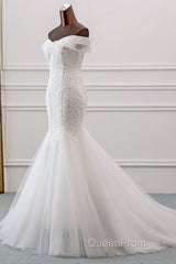 Long Mermaid Off the Shoulder Appliques Lace Tulle Wedding Dresses