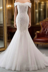 Long Mermaid Off the Shoulder Appliques Lace Tulle Wedding Dresses