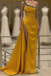 Long Mermaid One Shoulder Beading Backless Evening Prom Dresses with Slit